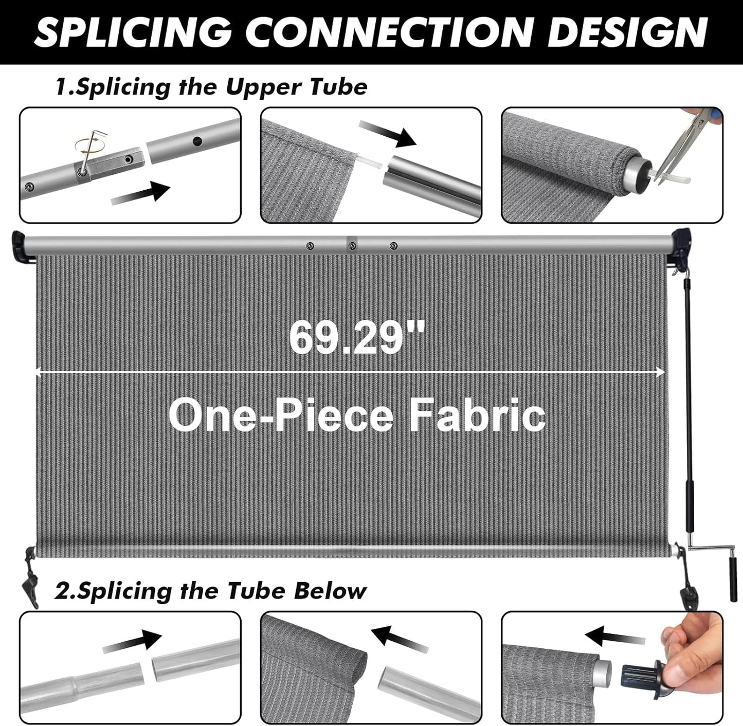 Artpuch Outdoor Roller Shade 6' W x 8' H, Gray Exterior Cordless Patio Shades Roll Up Blinds with Spliced Pole Design, (2 Poles, One-Piece Fabric)