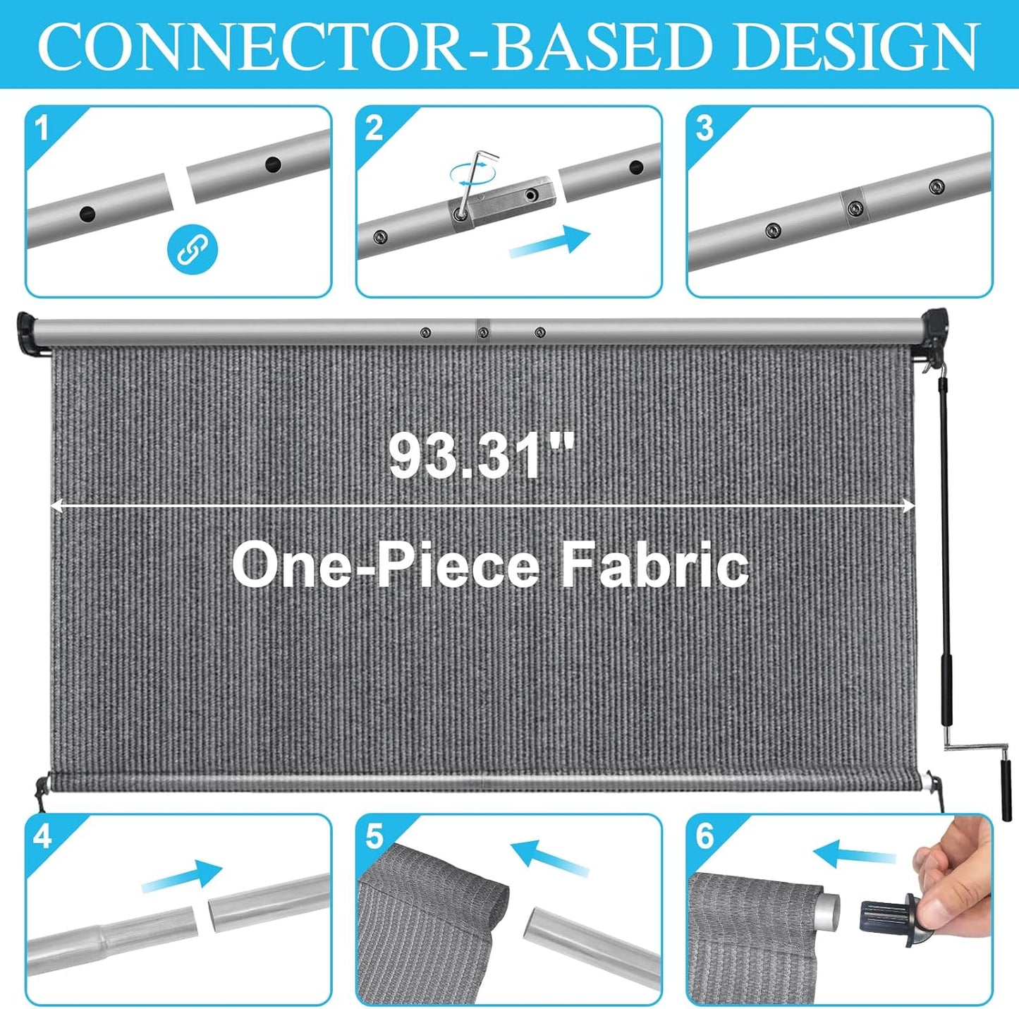 Amagenix Outdoor Roller Shade 8'(W) X 8'(H), Exterior Cordless Patio Shades Roll Up Outdoor Blinds with 90% UV Protection, Two-Section Poles with One-Piece Fabric, Grey