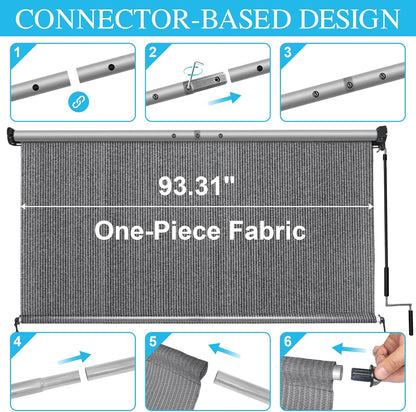 Amagenix Outdoor Roller Shade 8'(W) X 8'(H), Exterior Cordless Patio Shades Roll Up Outdoor Blinds with 90% UV Protection, Two-Section Poles with One-Piece Fabric, Grey