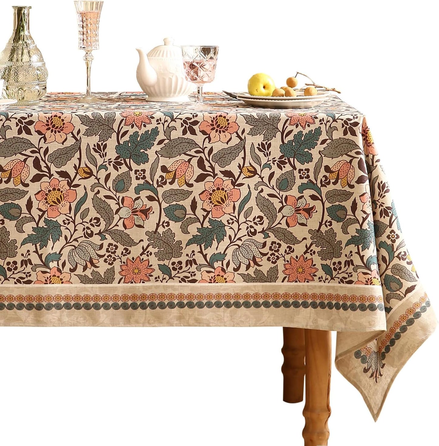 ISAENNE Designer French Light Beige Extra Long Rectangle Tablecloth,Linen Florals and Birds Pattern Table Cloth,Durable Decorative Tablecloths for Dining Thanksgiving Kitchen,67"*118"-Cornucopia