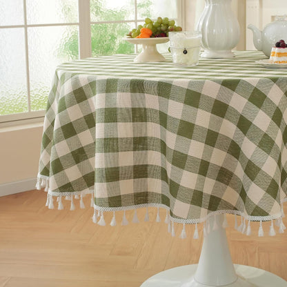 Laolitou Checkered Tablecloth Rectangle Washable Buffalo Plaid Table Cloth with Tassel Cotton Linen Gingham Table Cover for Picnic Kitchen Dining Room, Beige, 102 Inch
