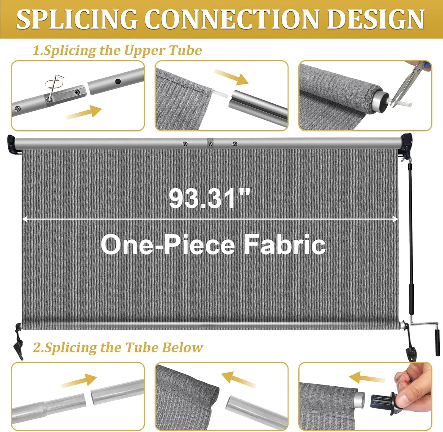 Shade&Beyond Outdoor Roller Shades with Splicing Design, 8' W x 8' H Cordless Patio Roll Up Blinds, Exterior Shade Cloth Roll for Porch, Gazebo, Pergola, Balcony, Gray