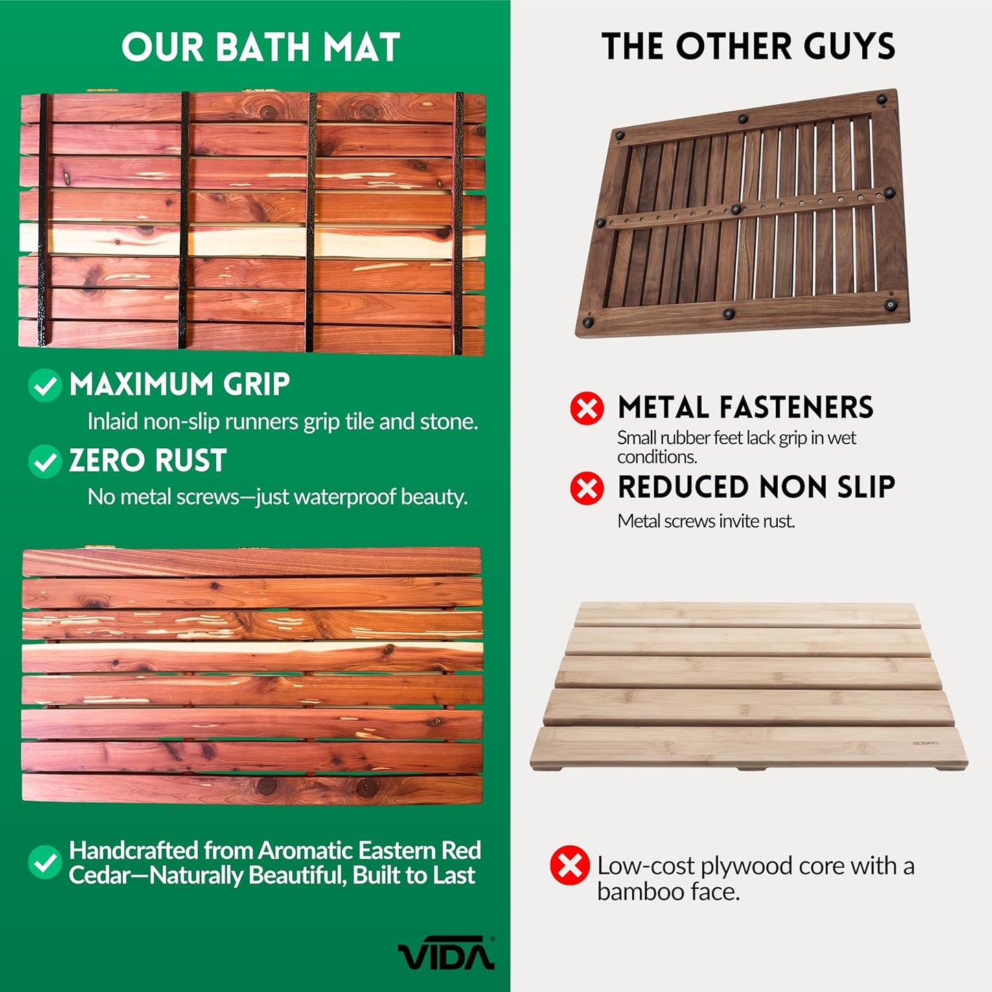 Cedar Wood Bath Mat – 30”x16” Non-Slip Shower Mat | Indoor & Outdoor Use | Wood Bathroom Mat & Floor Protector | Handcrafted in USA - Large