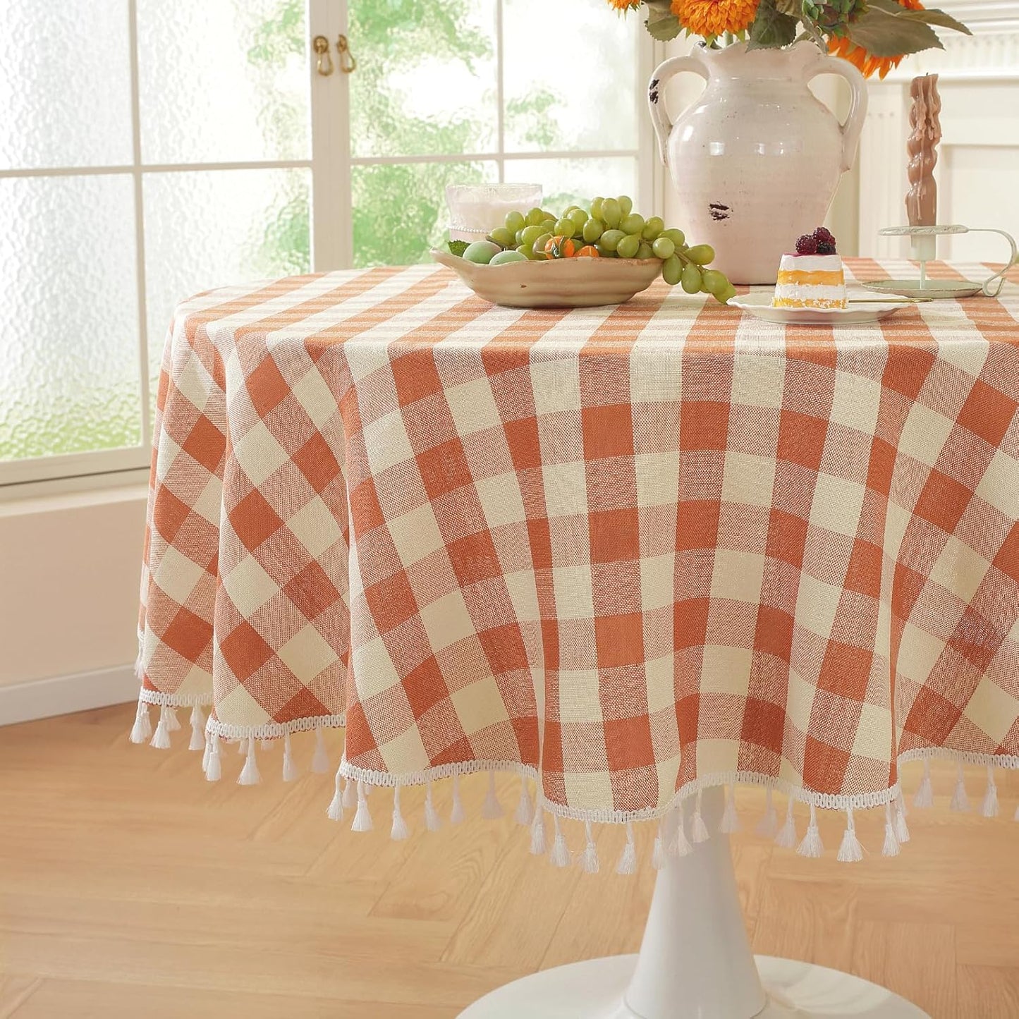 Laolitou Checkered Tablecloth Rectangle Washable Buffalo Plaid Table Cloth with Tassel Cotton Linen Gingham Table Cover for Picnic Kitchen Dining Room, Beige, 102 Inch