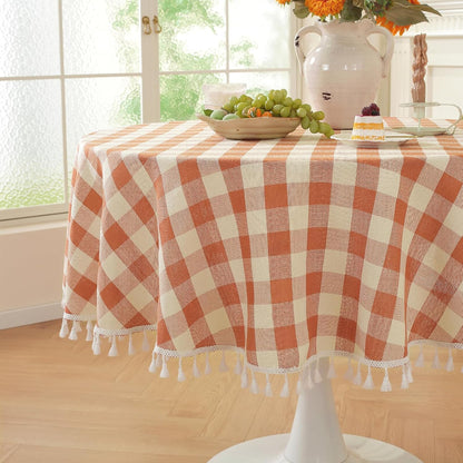 Laolitou Checkered Tablecloth Rectangle Washable Buffalo Plaid Table Cloth with Tassel Cotton Linen Gingham Table Cover for Picnic Kitchen Dining Room, Beige, 102 Inch