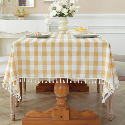 Laolitou Checkered Tablecloth Rectangle Washable Buffalo Plaid Table Cloth with Tassel Cotton Linen Gingham Table Cover for Picnic Kitchen Dining Room, Beige, 102 Inch