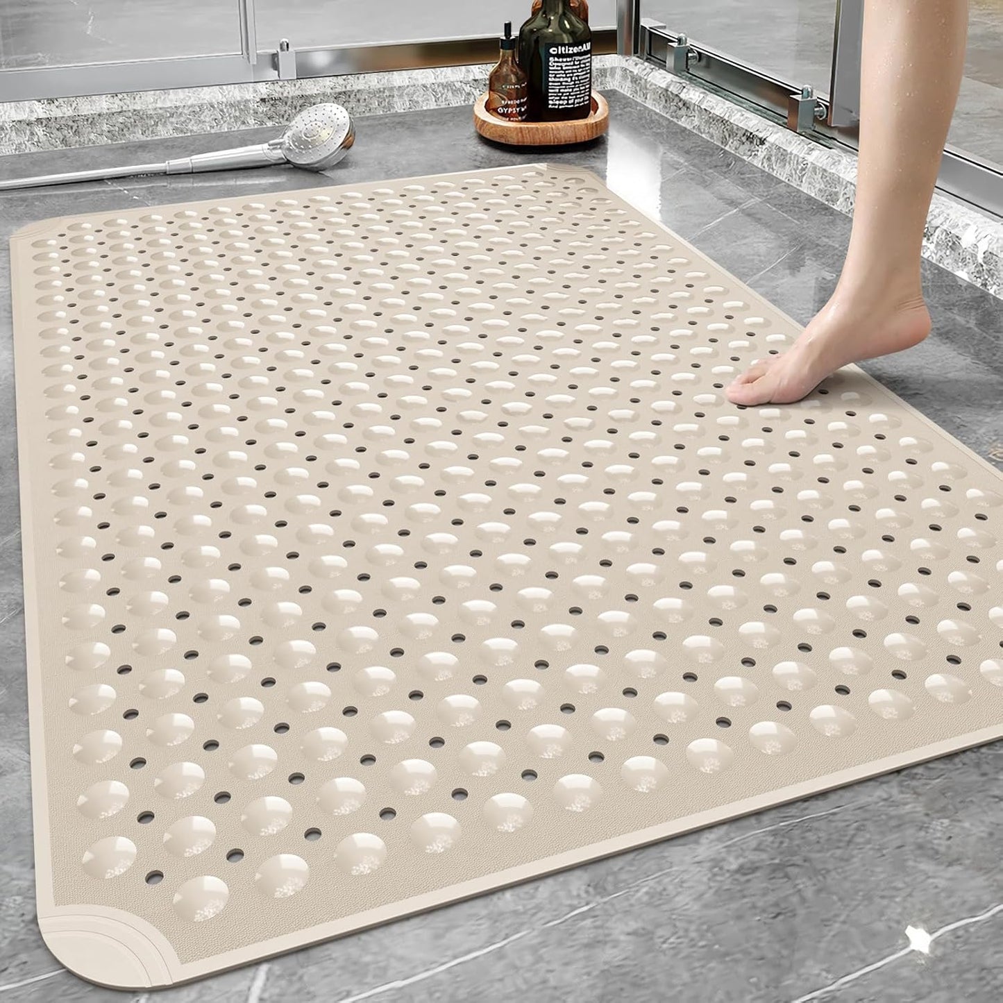 Yolife Extra Large TPE Shower Mat, 47.2" L x 31.5" W Anti Slip Bath Mat with Drain Holes and Suction Cups, Large Size Mat More Suitable for Shower Stall, No Odor, Heavy Mat