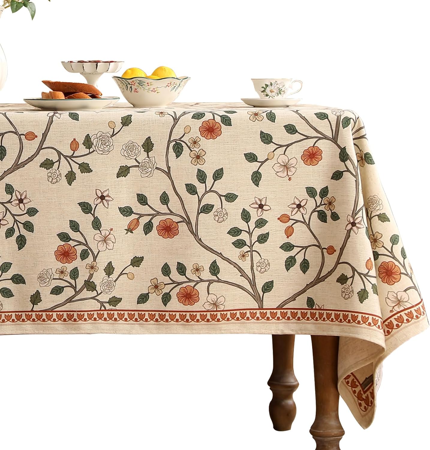 ISAENNE Designer French Light Beige Extra Long Rectangle Tablecloth,Linen Florals and Birds Pattern Table Cloth,Durable Decorative Tablecloths for Dining Thanksgiving Kitchen,67"*118"-Cornucopia