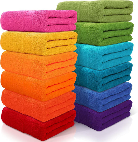 Newwiee Set of 12 Bath Towels Bulk - 28 x 55 Inch Large Cotton Towels in 12 Colors, Soft Quick-Dry Lightweight Bathroom Towel for Home Pool Beach Spa Hotel Gym Use(12 Colors)