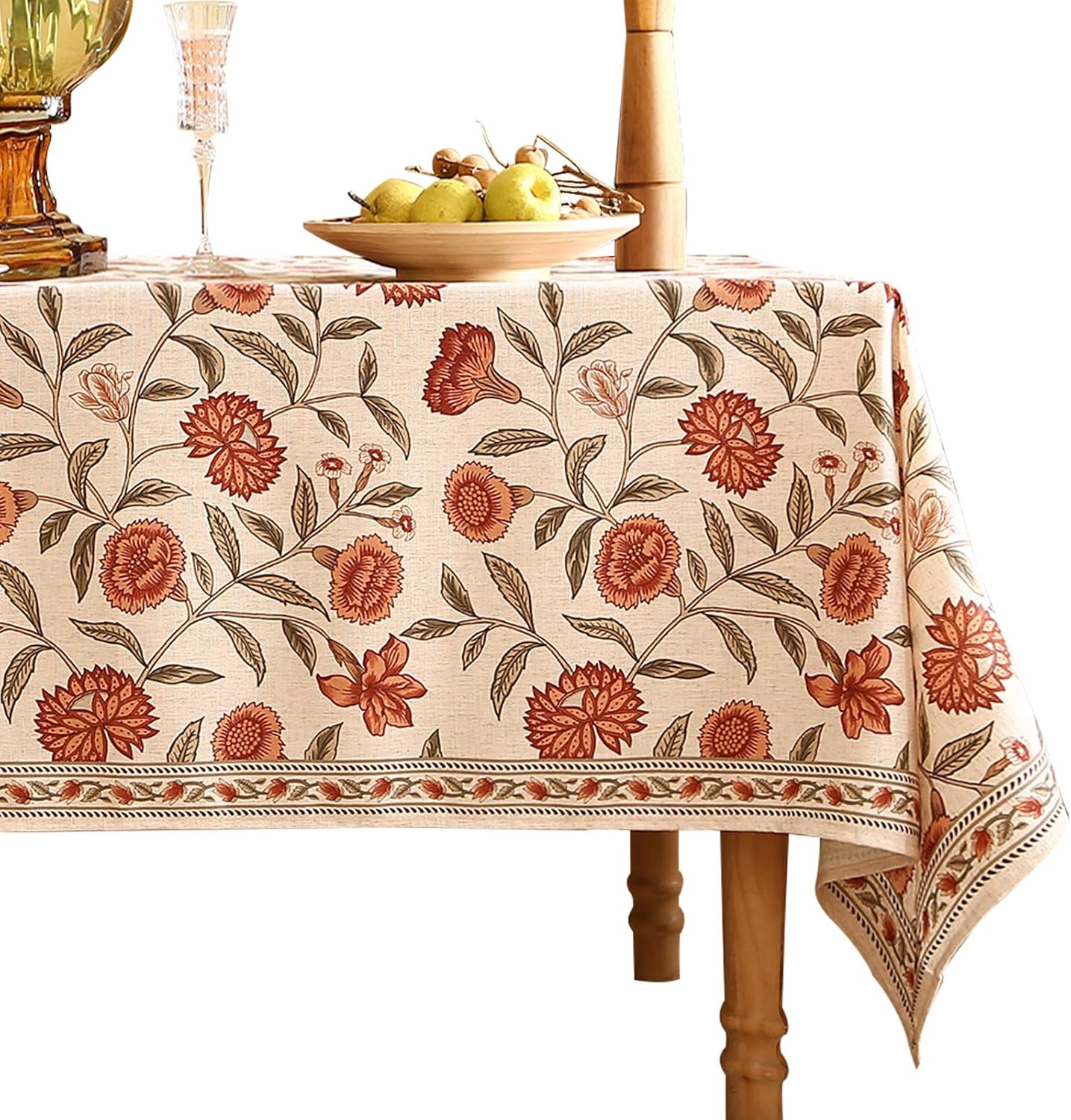 ISAENNE Designer French Light Beige Extra Long Rectangle Tablecloth,Linen Florals and Birds Pattern Table Cloth,Durable Decorative Tablecloths for Dining Thanksgiving Kitchen,67"*118"-Cornucopia