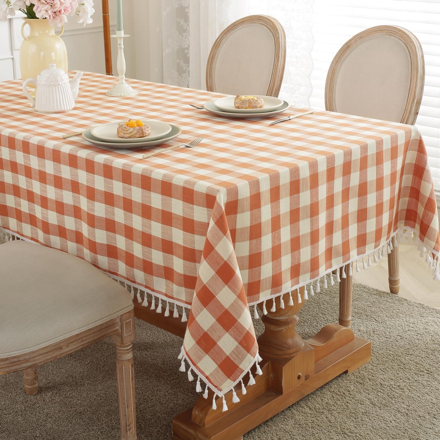 Laolitou Checkered Tablecloth Rectangle Washable Buffalo Plaid Table Cloth with Tassel Cotton Linen Gingham Table Cover for Picnic Kitchen Dining Room, Beige, 102 Inch