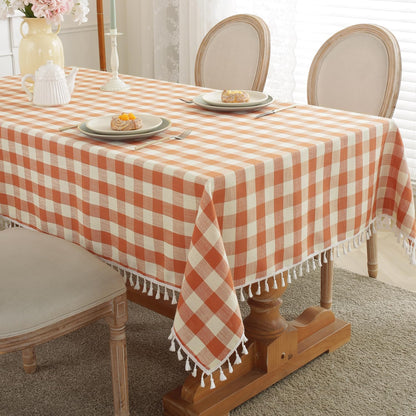 Laolitou Checkered Tablecloth Rectangle Washable Buffalo Plaid Table Cloth with Tassel Cotton Linen Gingham Table Cover for Picnic Kitchen Dining Room, Beige, 102 Inch