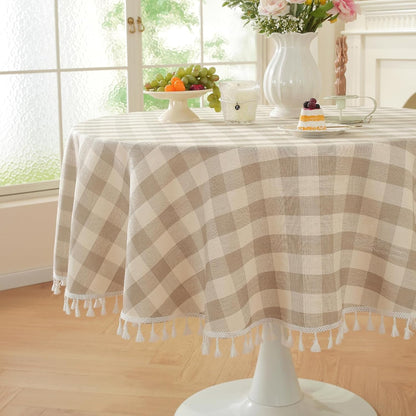 Laolitou Checkered Tablecloth Rectangle Washable Buffalo Plaid Table Cloth with Tassel Cotton Linen Gingham Table Cover for Picnic Kitchen Dining Room, Beige, 102 Inch