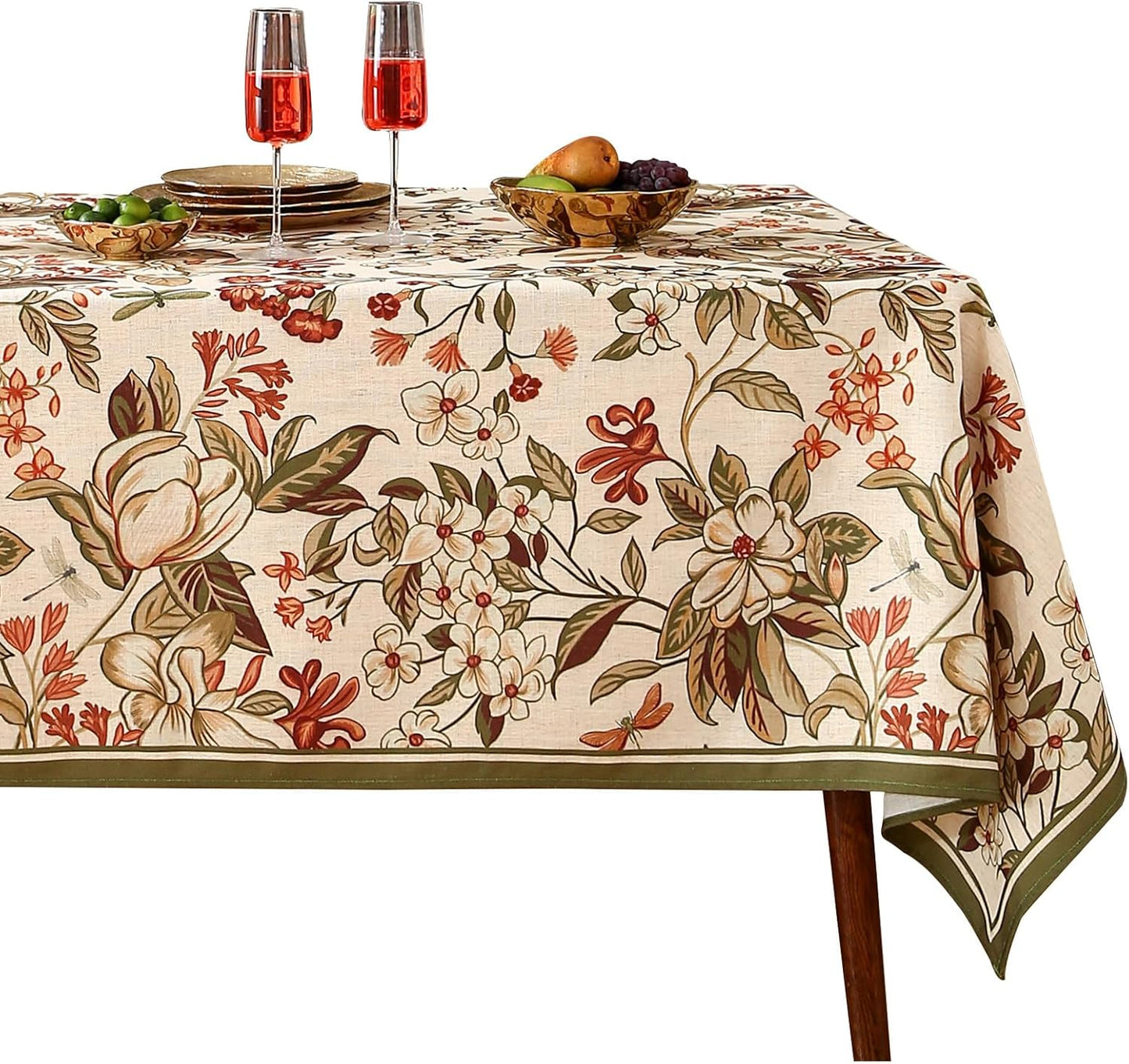 ISAENNE Designer French Light Beige Extra Long Rectangle Tablecloth,Linen Florals and Birds Pattern Table Cloth,Durable Decorative Tablecloths for Dining Thanksgiving Kitchen,67"*118"-Cornucopia