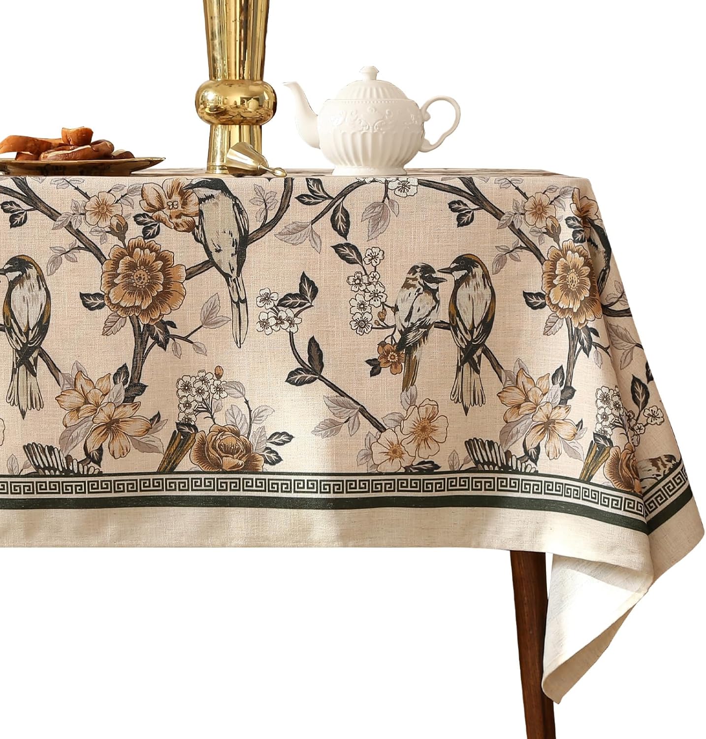 ISAENNE Designer French Light Beige Extra Long Rectangle Tablecloth,Linen Florals and Birds Pattern Table Cloth,Durable Decorative Tablecloths for Dining Thanksgiving Kitchen,67"*118"-Cornucopia