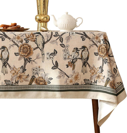 ISAENNE Designer French Light Beige Extra Long Rectangle Tablecloth,Linen Florals and Birds Pattern Table Cloth,Durable Decorative Tablecloths for Dining Thanksgiving Kitchen,67"*118"-Cornucopia