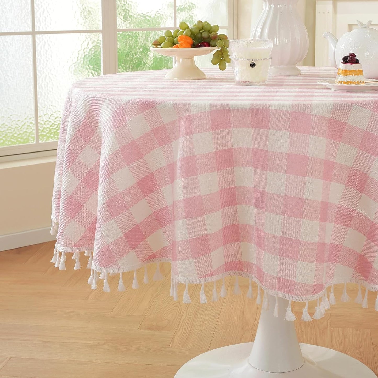 Laolitou Checkered Tablecloth Rectangle Washable Buffalo Plaid Table Cloth with Tassel Cotton Linen Gingham Table Cover for Picnic Kitchen Dining Room, Beige, 102 Inch