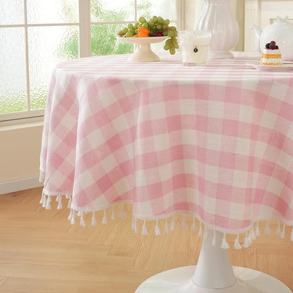 Laolitou Checkered Tablecloth Rectangle Washable Buffalo Plaid Table Cloth with Tassel Cotton Linen Gingham Table Cover for Picnic Kitchen Dining Room, Beige, 102 Inch