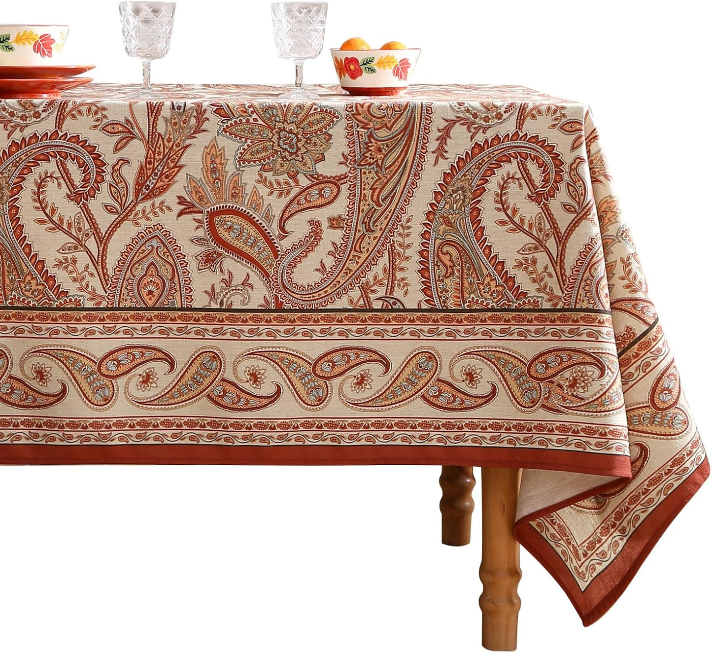 ISAENNE Designer French Light Beige Extra Long Rectangle Tablecloth,Linen Florals and Birds Pattern Table Cloth,Durable Decorative Tablecloths for Dining Thanksgiving Kitchen,67"*118"-Cornucopia