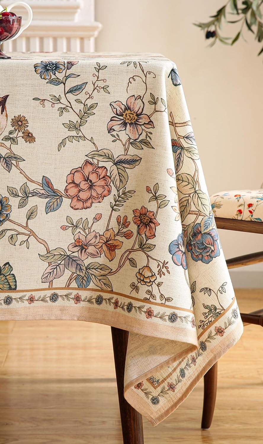 ISAENNE Designer French Light Beige Extra Long Rectangle Tablecloth,Linen Florals and Birds Pattern Table Cloth,Durable Decorative Tablecloths for Dining Thanksgiving Kitchen,67"*118"-Cornucopia