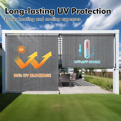 Artpuch Outdoor Roller Shades with Splicing Design, 10' W x 8' H Exterior Cordless Patio Shades Roll Up Blinds for Porch, Gazebo, Pergola, Balcony, Grey