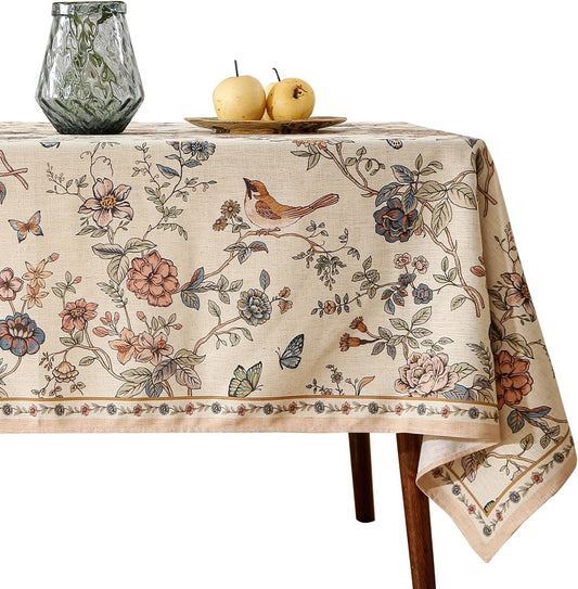 ISAENNE Designer French Light Beige Extra Long Rectangle Tablecloth,Linen Florals and Birds Pattern Table Cloth,Durable Decorative Tablecloths for Dining Thanksgiving Kitchen,67"*118"-Cornucopia