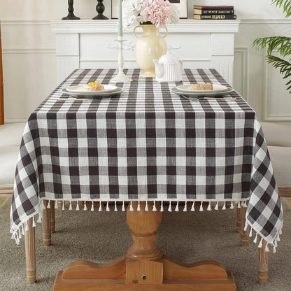Laolitou Checkered Tablecloth Rectangle Washable Buffalo Plaid Table Cloth with Tassel Cotton Linen Gingham Table Cover for Picnic Kitchen Dining Room, Beige, 102 Inch
