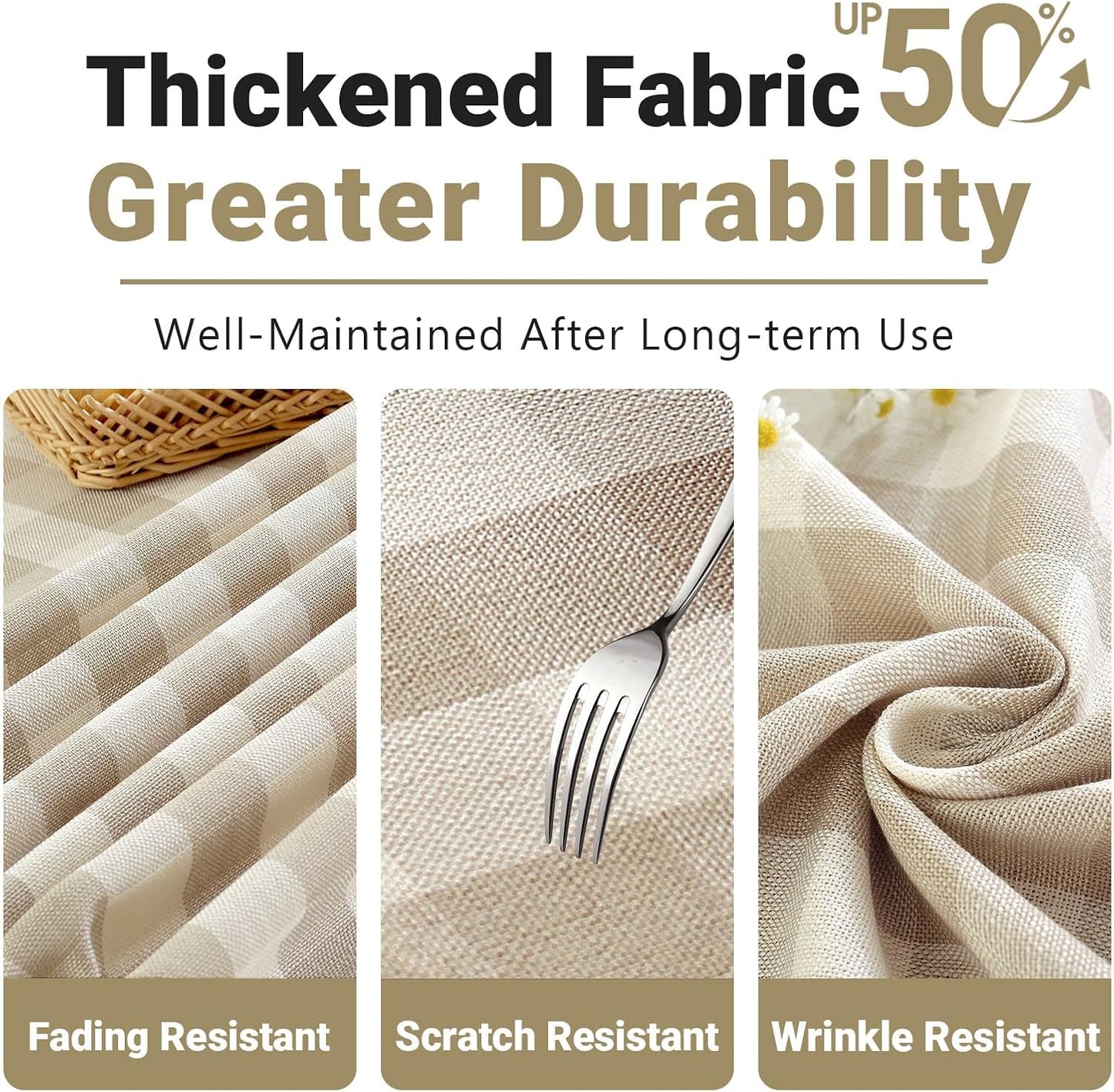 Laolitou Checkered Tablecloth Rectangle Washable Buffalo Plaid Table Cloth with Tassel Cotton Linen Gingham Table Cover for Picnic Kitchen Dining Room, Beige, 102 Inch