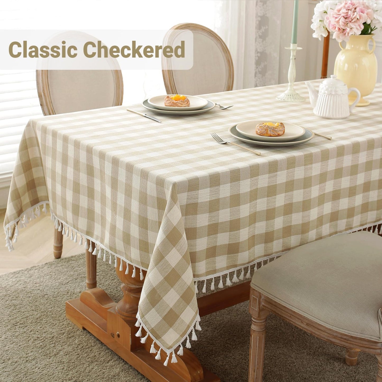 Laolitou Checkered Tablecloth Rectangle Washable Buffalo Plaid Table Cloth with Tassel Cotton Linen Gingham Table Cover for Picnic Kitchen Dining Room, Beige, 102 Inch