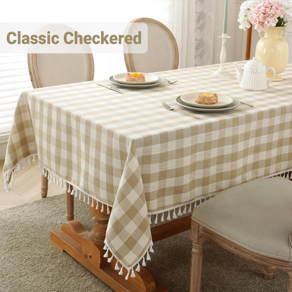 Laolitou Checkered Tablecloth Rectangle Washable Buffalo Plaid Table Cloth with Tassel Cotton Linen Gingham Table Cover for Picnic Kitchen Dining Room, Beige, 102 Inch