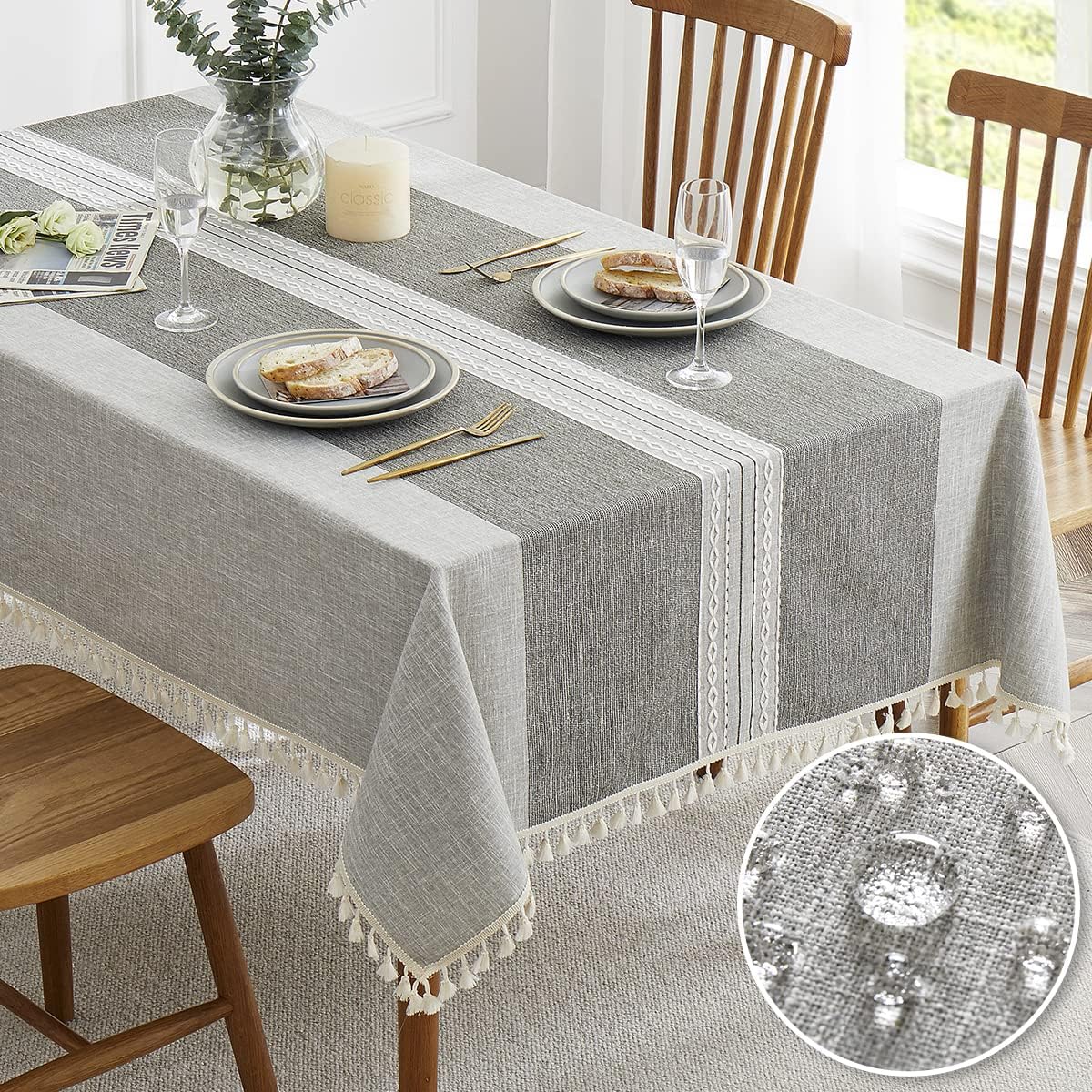 QIANQUHUI Embroidered Tablecloth for Dining Table,Dust Proof Spillproof Soil Resistant Cotton Linen Rectangle Table Cloths (Coffee, Rectangle/Oblong, 55'x102'', 8-10 Seats)