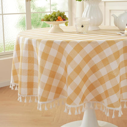 Laolitou Checkered Tablecloth Rectangle Washable Buffalo Plaid Table Cloth with Tassel Cotton Linen Gingham Table Cover for Picnic Kitchen Dining Room, Beige, 102 Inch
