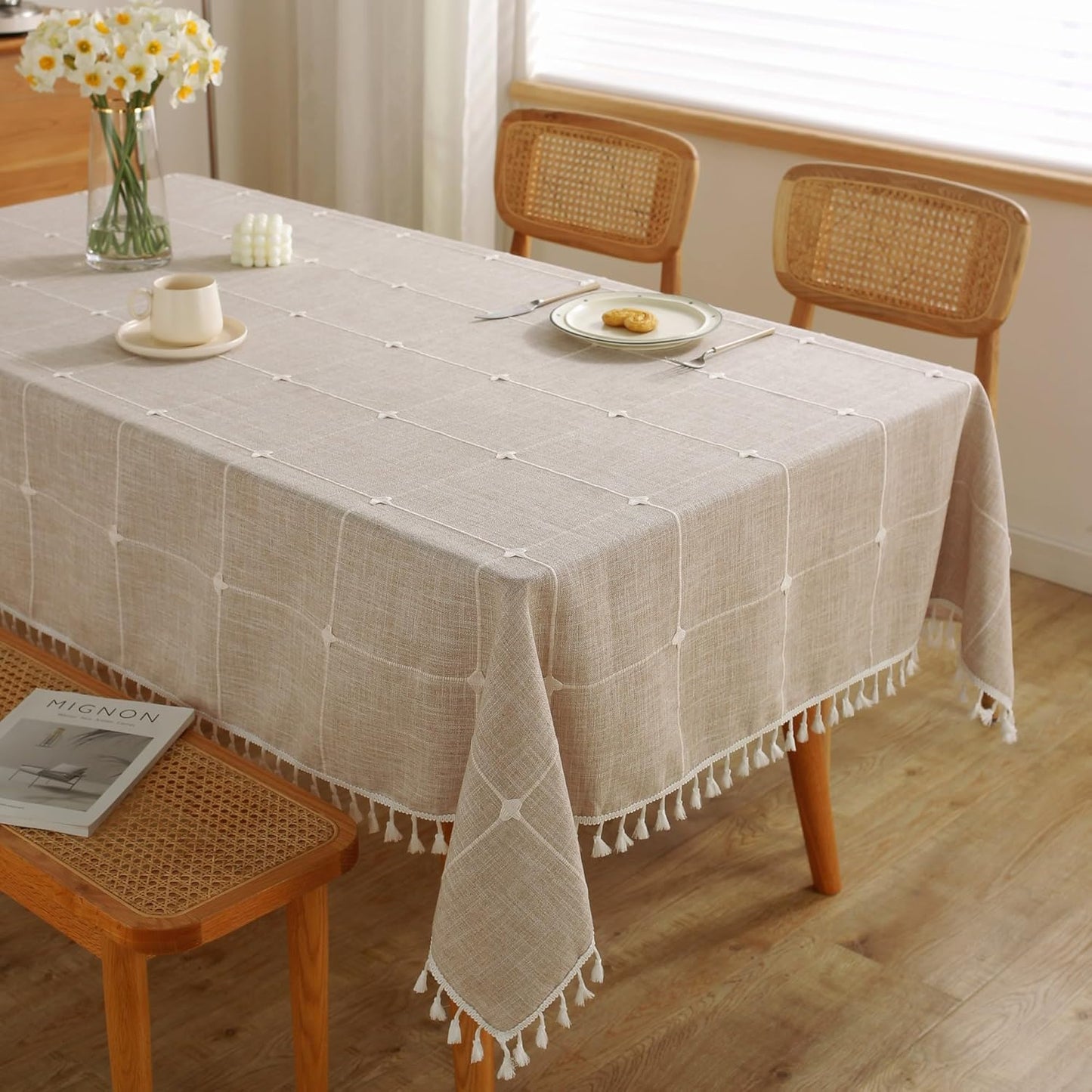 JIALE Tablecloths for Rectangle Tables,Cotton Linen Table Cloth Waterproof Tablecloth Wrinkle Free Farmhouse Dining Tables Cover,Soft Fabric Table Cloths with Tassels,Grey,55" X 120",10-12 Seats