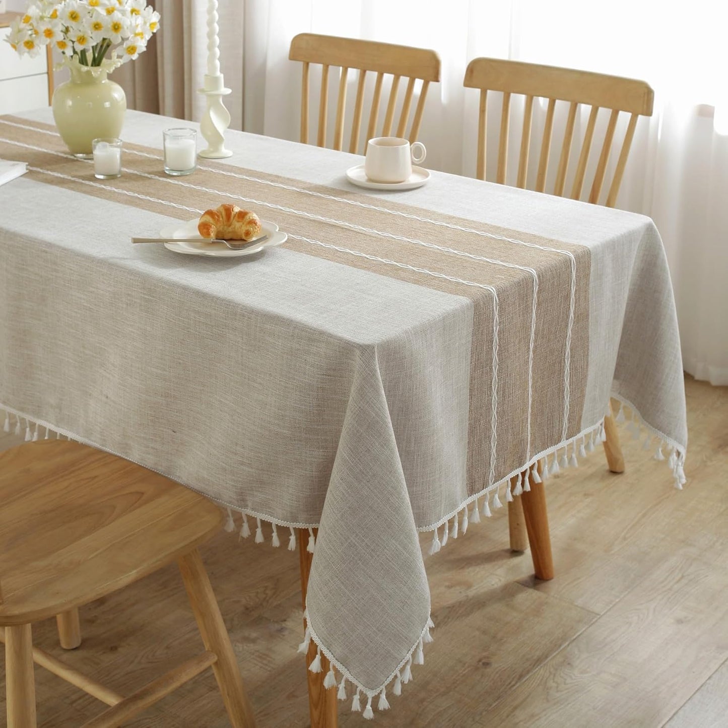 JIALE Tablecloths for Rectangle Tables,Cotton Linen Table Cloth Waterproof Tablecloth Wrinkle Free Farmhouse Dining Tables Cover,Soft Fabric Table Cloths with Tassels,Grey,55" X 120",10-12 Seats