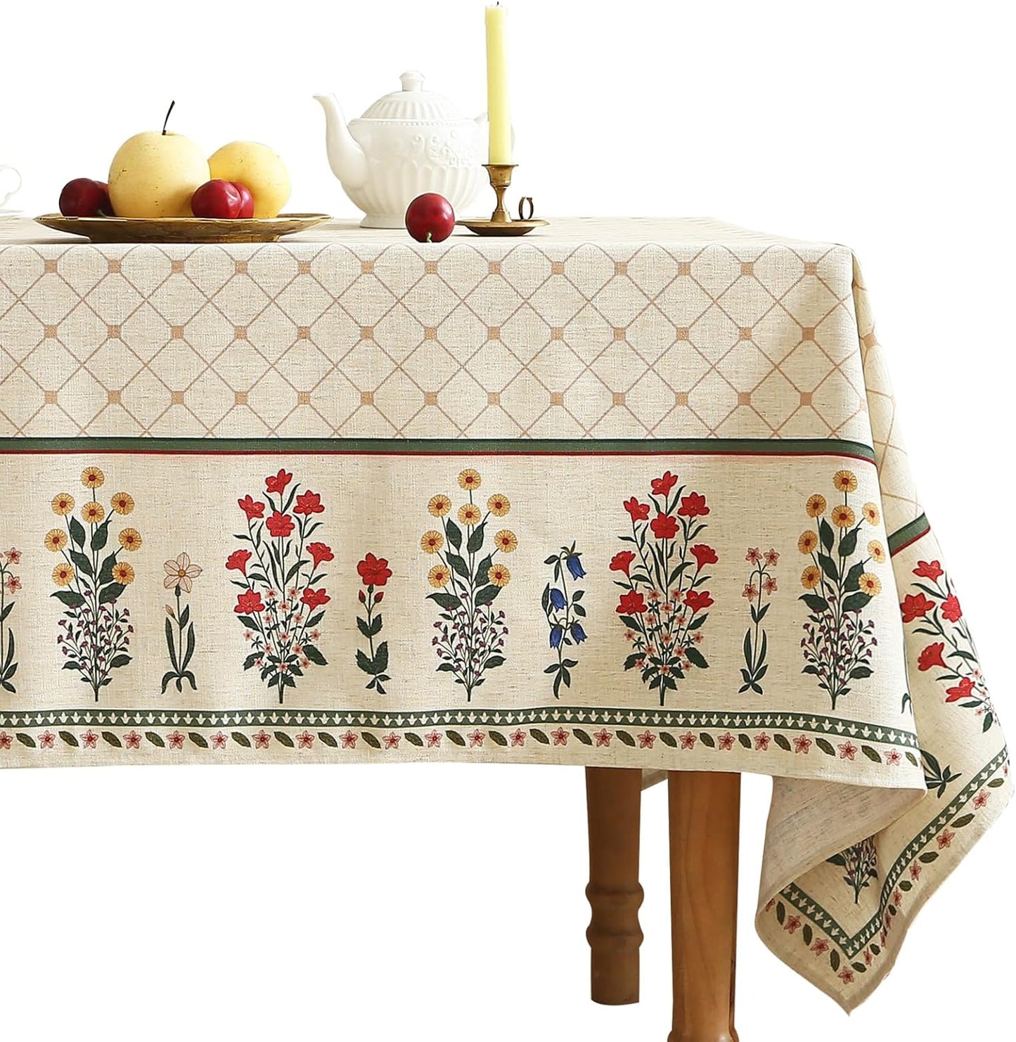 ISAENNE Designer French Light Beige Extra Long Rectangle Tablecloth,Linen Florals and Birds Pattern Table Cloth,Durable Decorative Tablecloths for Dining Thanksgiving Kitchen,67"*118"-Cornucopia