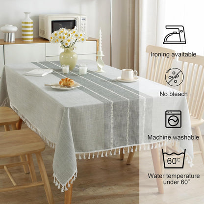 JIALE Tablecloths for Rectangle Tables,Cotton Linen Table Cloth Waterproof Tablecloth Wrinkle Free Farmhouse Dining Tables Cover,Soft Fabric Table Cloths with Tassels,Grey,55" X 120",10-12 Seats