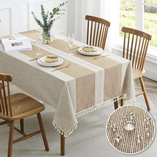 QIANQUHUI Embroidered Tablecloth for Dining Table,Dust Proof Spillproof Soil Resistant Cotton Linen Rectangle Table Cloths (Coffee, Rectangle/Oblong, 55'x102'', 8-10 Seats)