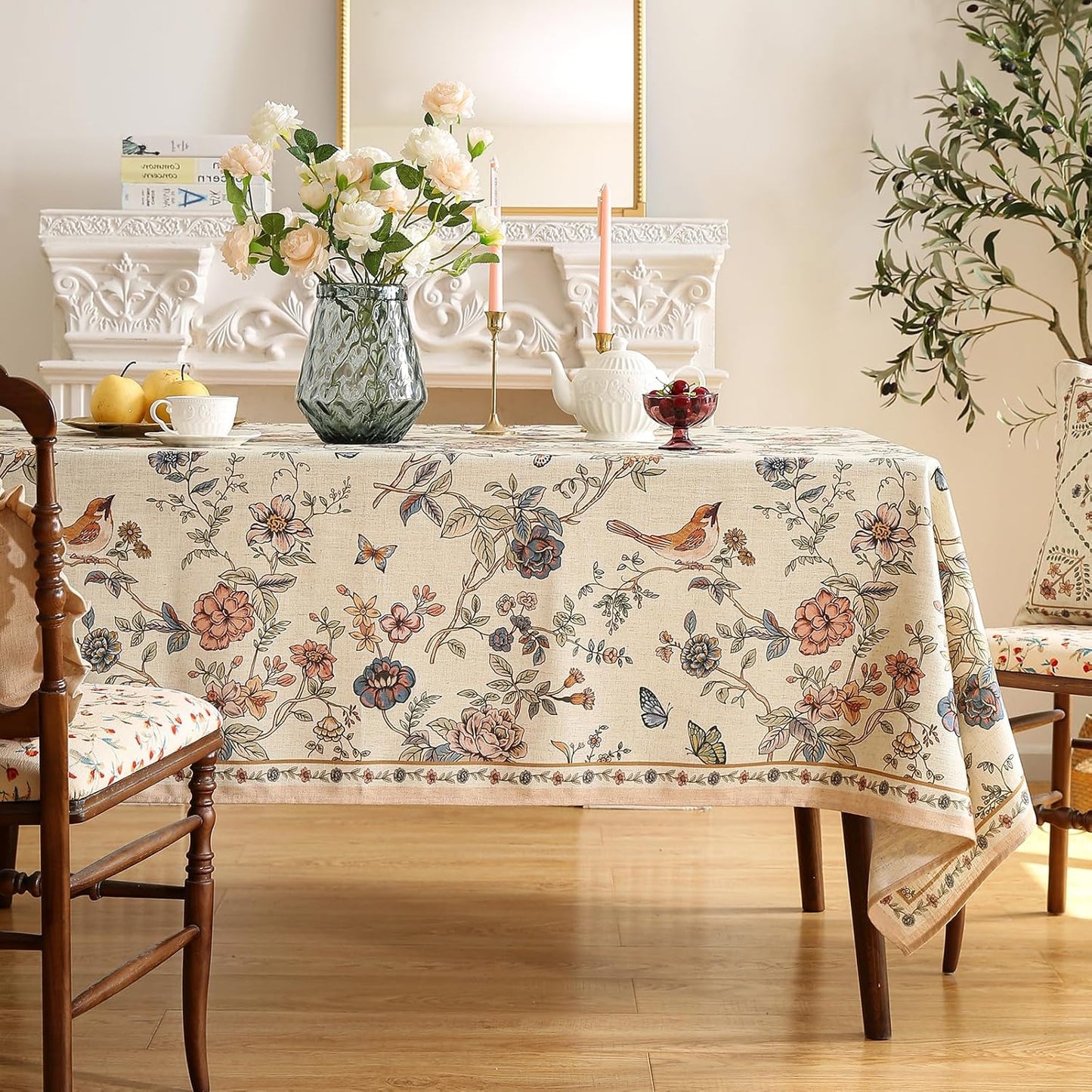 ISAENNE Designer French Light Beige Extra Long Rectangle Tablecloth,Linen Florals and Birds Pattern Table Cloth,Durable Decorative Tablecloths for Dining Thanksgiving Kitchen,67"*118"-Cornucopia