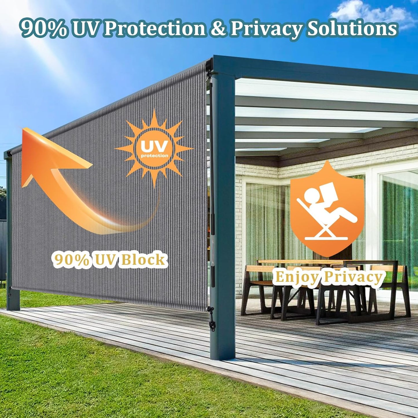 Shade&Beyond Outdoor Roller Shades with Splicing Design, 8' W x 8' H Cordless Patio Roll Up Blinds, Exterior Shade Cloth Roll for Porch, Gazebo, Pergola, Balcony, Gray