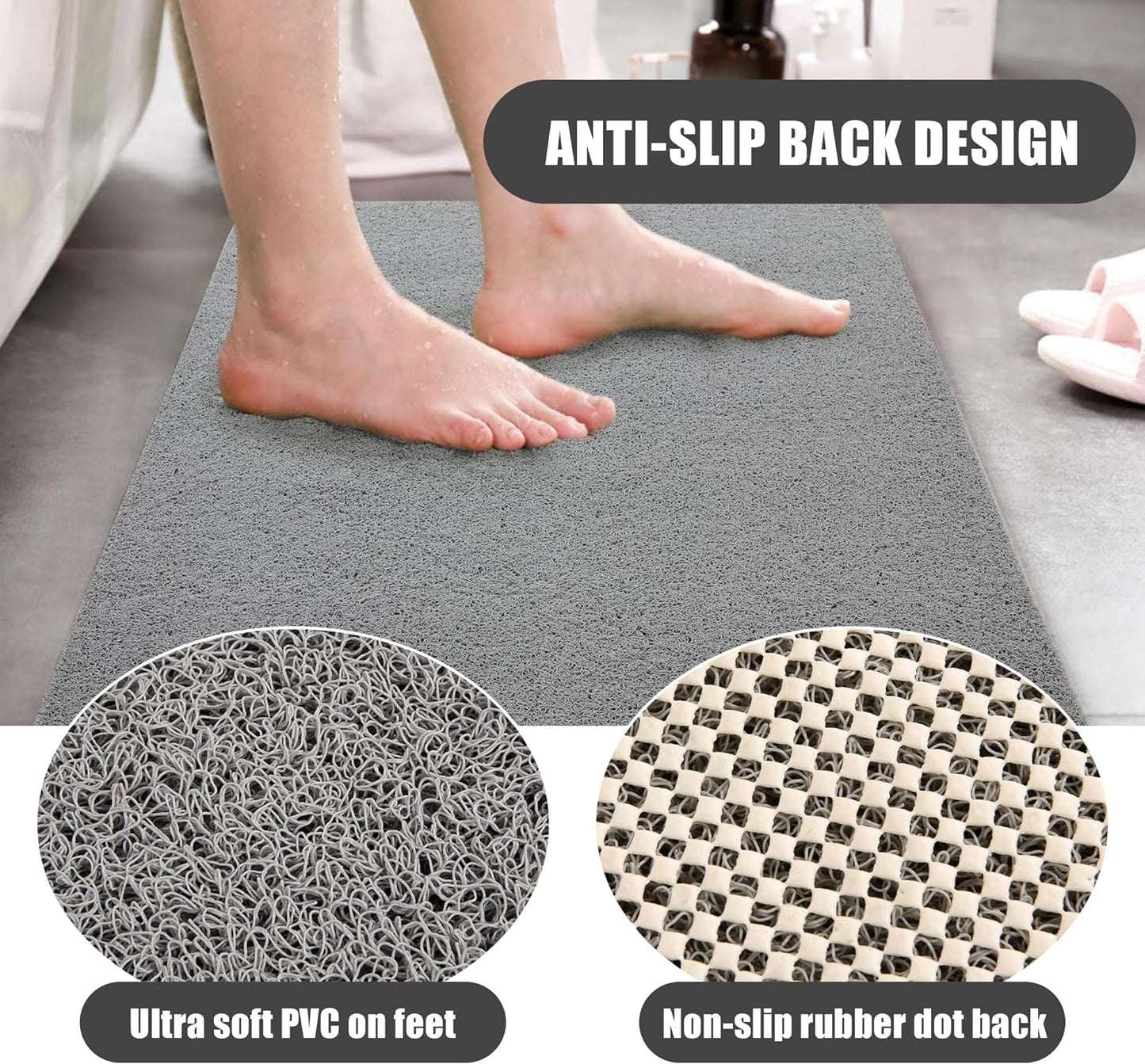 HOMBYS 58 x 44 Extra Large Shower Mat for Shower Stall Tub, Non Slip Bath Mat Bathroom Accessories, PVC Loofah Mats for Shower and Bathroom, Quick Drying, (Grey, 58"x44")