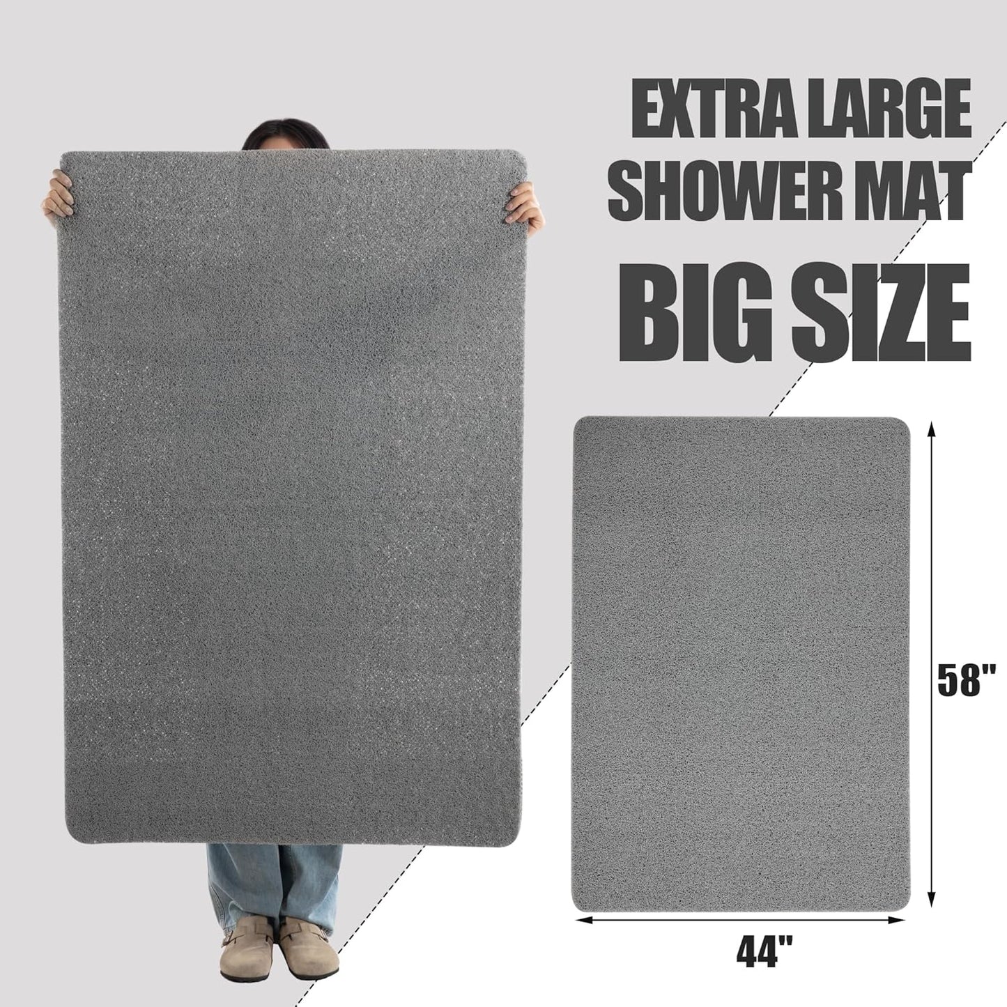 HOMBYS 58 x 44 Extra Large Shower Mat for Shower Stall Tub, Non Slip Bath Mat Bathroom Accessories, PVC Loofah Mats for Shower and Bathroom, Quick Drying, (Grey, 58"x44")