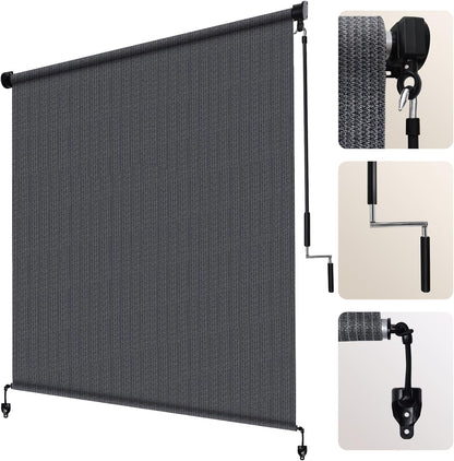 Artpuch Outdoor Roller Shade 6' W x 8' H, Gray Exterior Cordless Patio Shades Roll Up Blinds with Spliced Pole Design, (2 Poles, One-Piece Fabric)